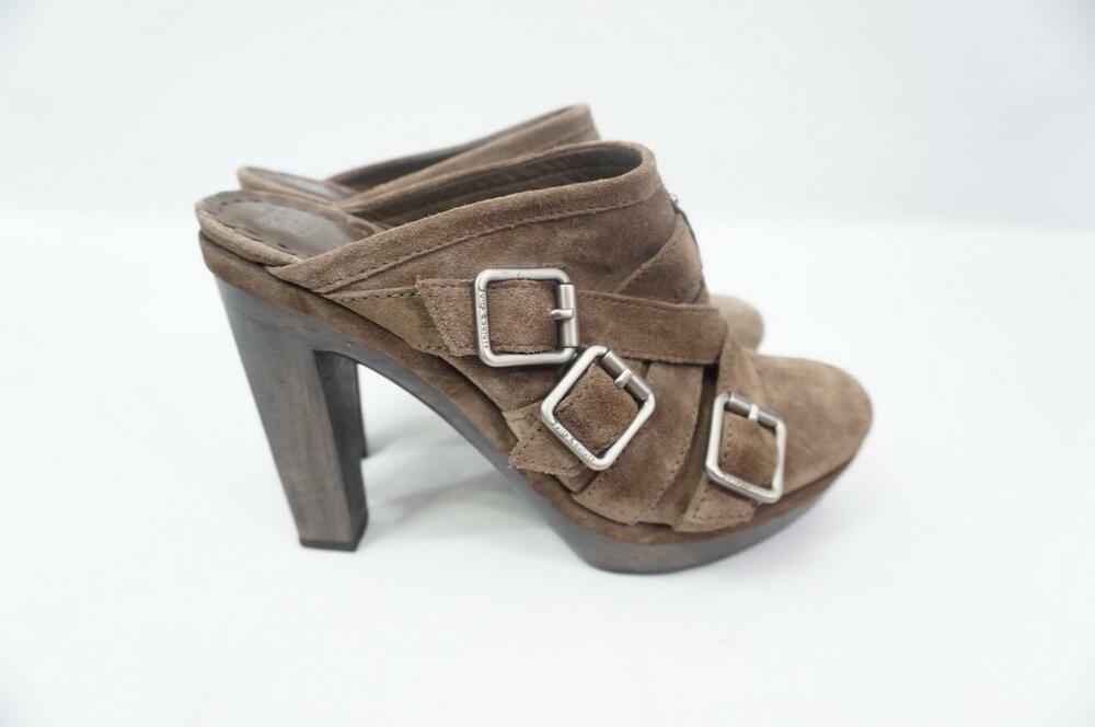 JUICY COUTURE USED 8 OLIVE GREEN SUEDE LEATHER/BUCKLES SLIP ON CLOGS/MULES/HEELS